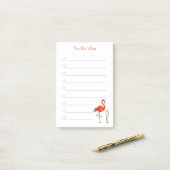 Rode flamingo & kalligrafie op witte gelinieerde p post-it® notes (Op bureau)
