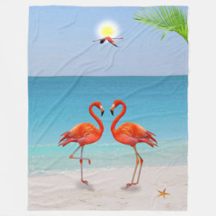 Rode Flamingo Koppel & Palmblad op het Strand Fleece Deken
