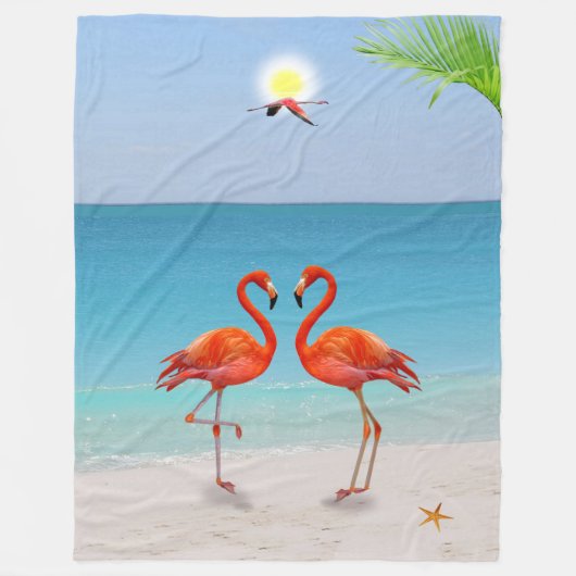 Rode Flamingo Koppel & Palmblad op het Strand Fleece Deken (Voorkant)
