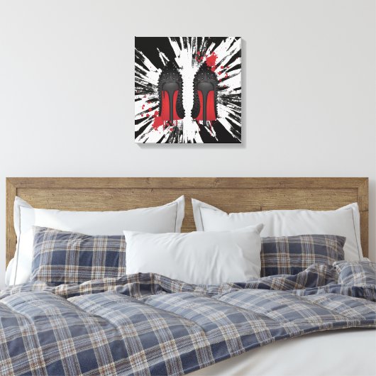 Rode flessen Stilettos hakken spatters en druppelt Canvas Afdruk (Insitu (Slaapkamer))