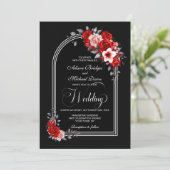 Rode Floral Arch Black Wedding Kaart (Staand voorkant)