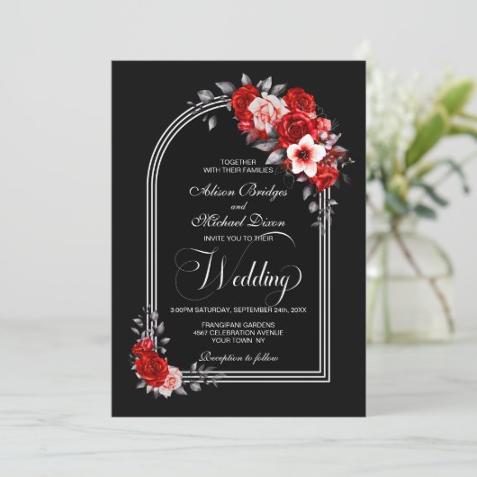 Rode Floral Arch Black Wedding Kaart (Staand voorkant)
