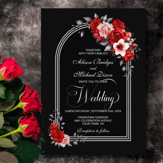 Rode Floral Arch Black Wedding Kaart