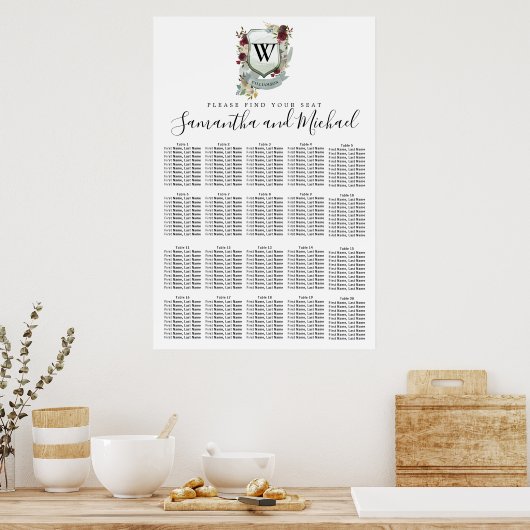 Rode Floral Crest 20-tafel bruiloft Poster (Keuken)