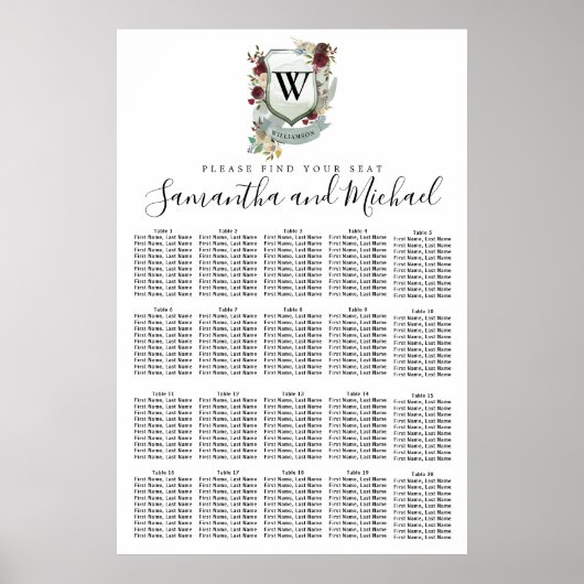 Rode Floral Crest 20-tafel bruiloft Poster (Voorkant)