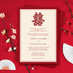 Rode Floral dubbel geluk Moderne Chinese bruiloft Kaart<br><div class="desc">Elegant dubbel geluk design in traditionele kalligrafie, met een rood of wit papier snijpatroon. Een romantisch en klassiek aziatisch huwelijksontwerp voor het moderne chinese koppel. Het dubbele geluk is een zeer veelbelovend en gelukssymbool dat wordt gebruikt bij alle oosterse bruiloften en feestelijkheden. Alle tekst is volledig klantgericht voor om het...</div>