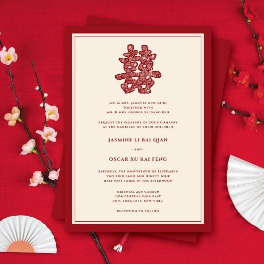 Rode Floral dubbel geluk Moderne Chinese bruiloft Kaart