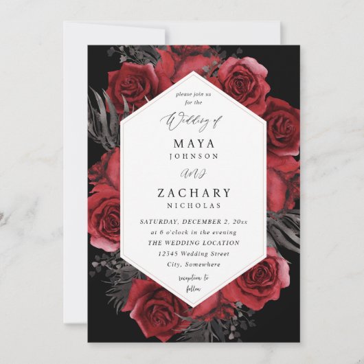 Rode Floral en zwarte bruiloft - zwart Kaart (Voorkant)