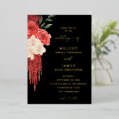 Rode Floral Folie Weddenschap - Zwart Uitnodiging (Staand Voorkant)