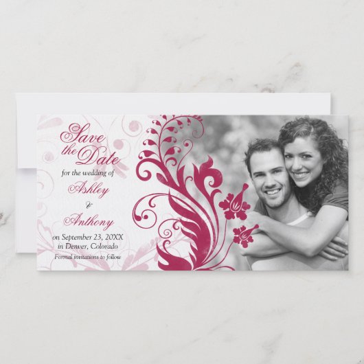  Rode Floral Foto Weddenschap Save the Date (Voorkant)
