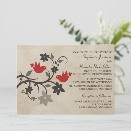 Rode Floral Lovevogels Weddenschap Kaart (Staand voorkant)