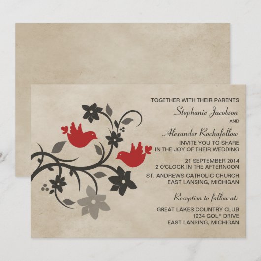 Rode Floral Lovevogels Weddenschap Kaart (Voorkant / Achterkant)