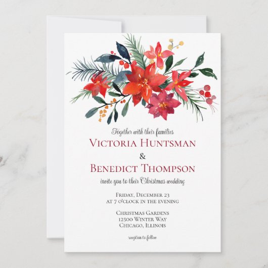 Rode Floral met kerstmis in Poinsettia Winter Wedd Kaart (Voorkant)