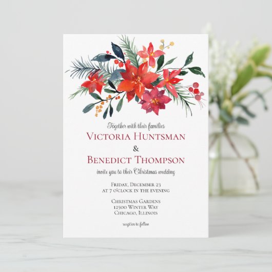 Rode Floral met kerstmis in Poinsettia Winter Wedd Kaart (Staand voorkant)