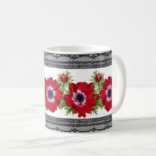 Rode Floral met zwarte rand Koffiemok (Voorkant rechts)