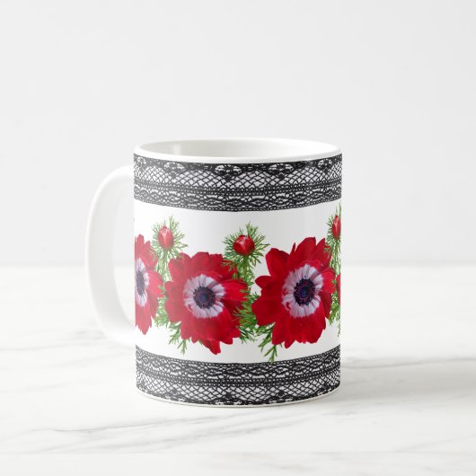 Rode Floral met zwarte rand Koffiemok (Voorkant links)