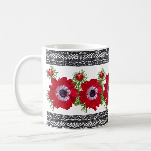 Rode Floral met zwarte rand Koffiemok (Links)