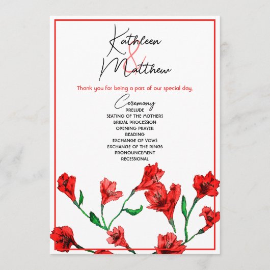 Rode Floral Waterverf bruiloft Programmakaart (Voorkant)