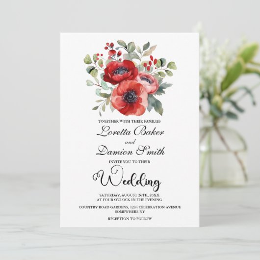 Rode Floral Wedding Kaart (Staand voorkant)