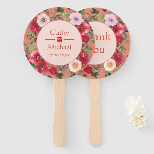 Rode florale Chinese bruiloft bedankt Handwaaier (Voorkant en achterkant)