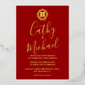 Rode florale Chinese bruiloft Folie Uitnodiging (Voorkant)