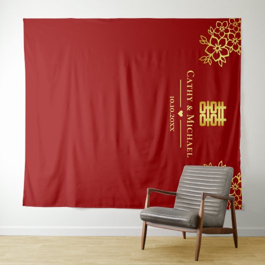 Rode florale Chinese bruiloft met achtergrond Wandkleed (In Situ (horizontaal))