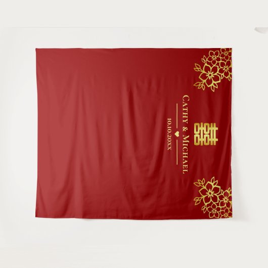 Rode florale Chinese bruiloft met achtergrond Wandkleed (Voorkant (horizontaal))