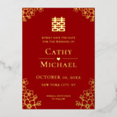 Rode florale Chinese bruiloft met uitzondering van Folie Uitnodiging (Voorkant)