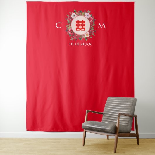 Rode florale Chinese trouwachtergrond Wandkleed (In situ)