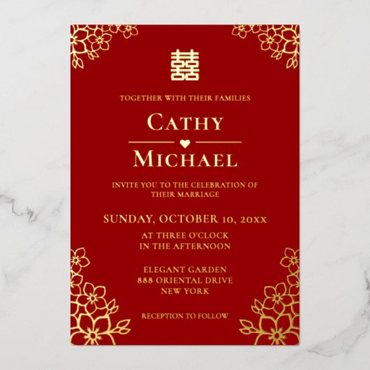 Rode florale Chinese trouwkersen bloesem Folie Uitnodiging (Voorkant)