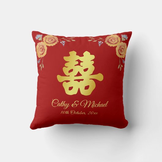 Rode florale Chinese trouwtheeceremonie Kussen (Achterkant)