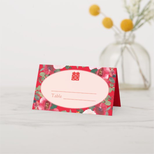 Rode florale met Chinese trouwreceptie Plaatskaartje (Voorkant)