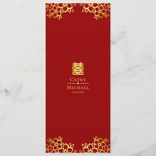 Rode florale moderne Chinese trouwbanket Menu (Achterkant)