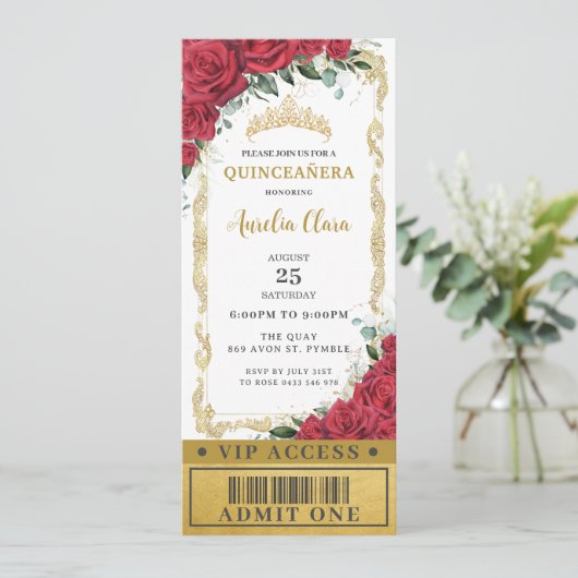 Rode Florale Rozen Quinceañera Sweet 16 VIP Ticket Kaart (Staand voorkant)