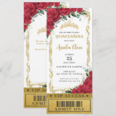 Rode Florale Rozen Quinceañera Sweet 16 VIP Ticket Kaart (Voorkant / Achterkant)