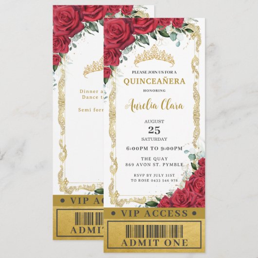 Rode Florale Rozen Quinceañera Sweet 16 VIP Ticket Kaart (Voorkant / Achterkant)