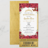 Rode Florale Rozen Quinceañera Sweet 16 VIP Ticket Kaart (Voorkant / Achterkant)