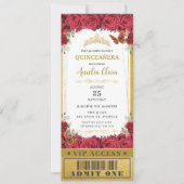 Rode Florale Rozen Quinceañera Sweet 16 VIP Ticket Kaart (Voorkant)