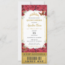 Rode Florale Rozen Quinceañera Sweet 16 VIP Ticket