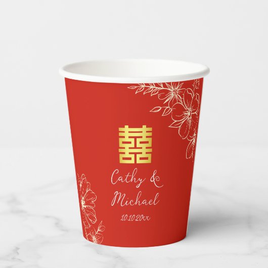Rode florale script Chinese bruiloft ceremonie Papieren Bekers (Achterkant)