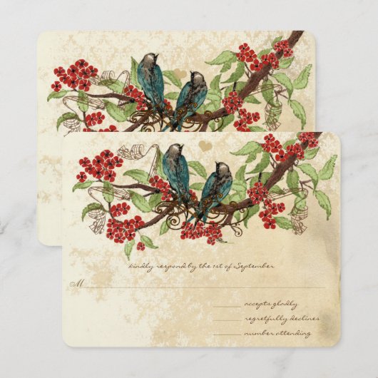 Rode Florale  vogels rond de bomen RSVP Kaartje (Voorkant / Achterkant)