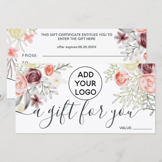 Rode florale waterverf Robuust logo cadeaubon (Voorkant / Achterkant)