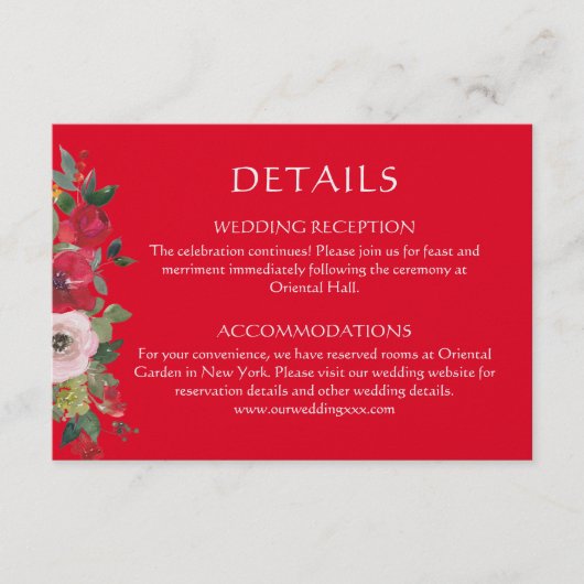 Rode florische Chinese trouwgegevens Informatiekaartje (Voorkant)