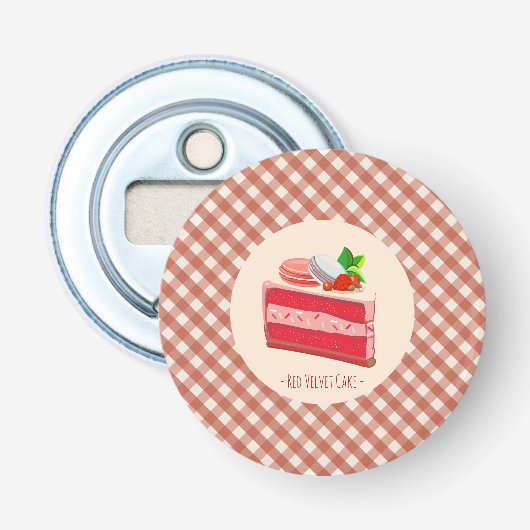 rode fluwelen cake met aardbei roomkaas  button flesopener (Voorkant)