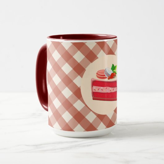 Rode fluwelen cake met aardbei roomkaas mok (Voorkant links)