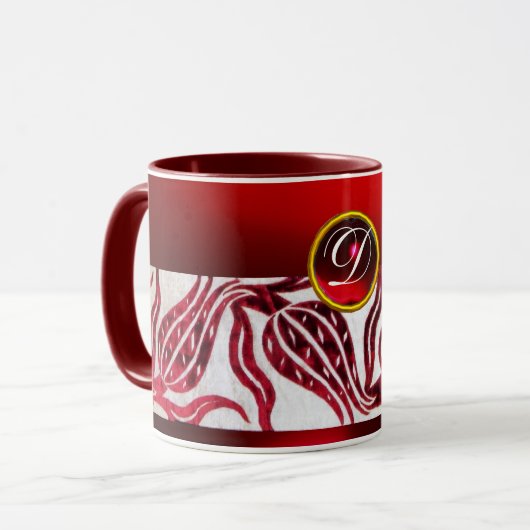 RODE FLUWELEN DAMAST TULP INITIALEN Burgundy Wit Mok (Voorkant links)