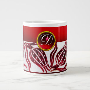 RODE FLUWELEN DAMAST TULP MONOGRAM Burgundy Wit Grote Koffiekop