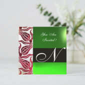 RODE FLUWELEN DAMAST TULPEN MONOGRAM Bourgondi Gro Kaart (Staand voorkant)