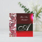 RODE FLUWELEN DAMAST TULPEN MONOGRAM Bourgondiéér Kaart (Staand voorkant)