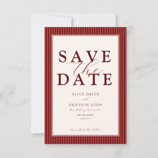 Rode Fluwelen Klassieke Gestreepte Huwelijk Save The Date (Voorkant)